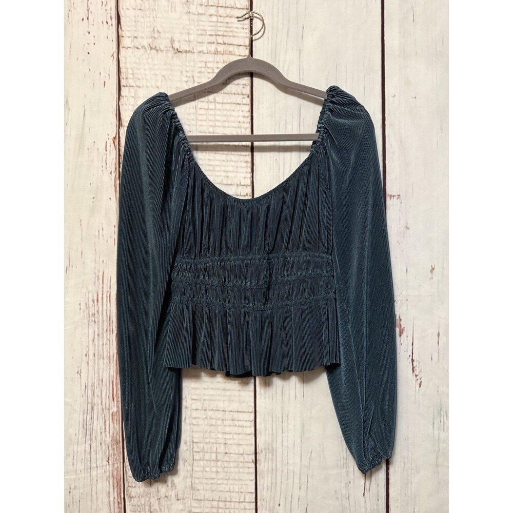 ASTR The Label Ziva Top Pleated Balloon Sleeve Plisse Blouse Deep Teal Medium